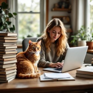 Woman typing on her laptop, writing fiction with the help of AI, accompanied by her tabby cat.