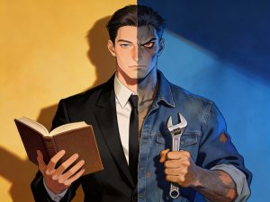 A man with a book in one hand and wrench in the other, showing contradictions in a character