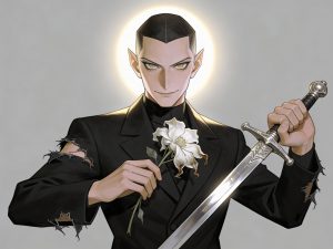 The image of a mysterious man holding a flower and a sword, showing contradictions in a character
