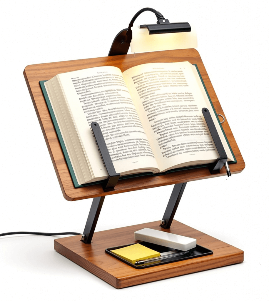 Book holder stand with light. Great for writers working with reference materials.