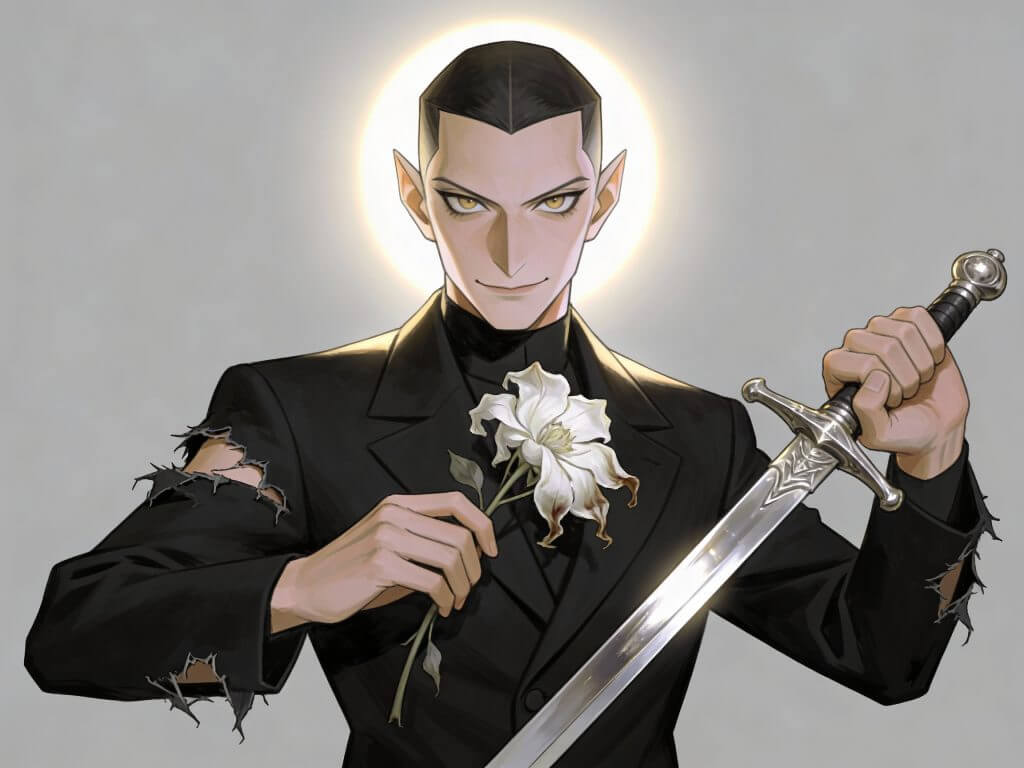 The image of a mysterious man holding a flower and a sword, showing contradictions in a character