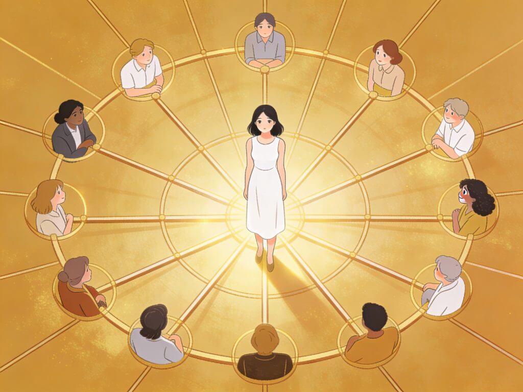 A fictional female character is surrounded by other characters in the story