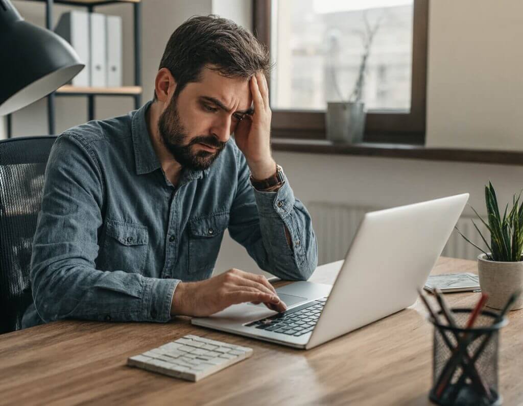 Man at his desk with writer's block that AI can fix.
