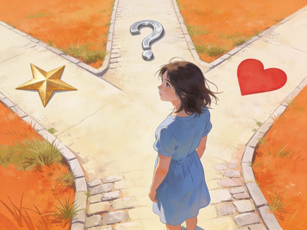 A female fictional character at a crossroads with a choice to make