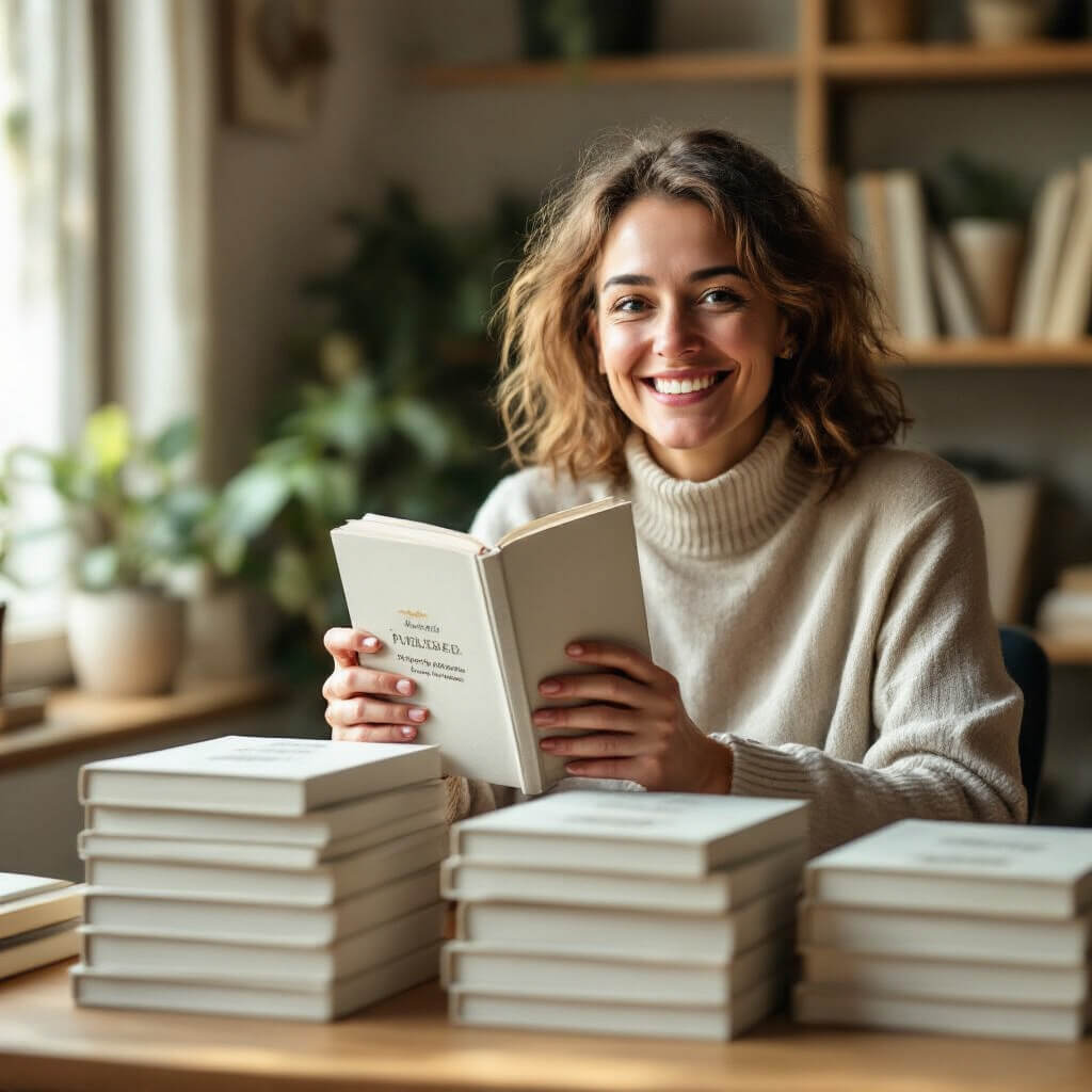 A woman holding a book she published.